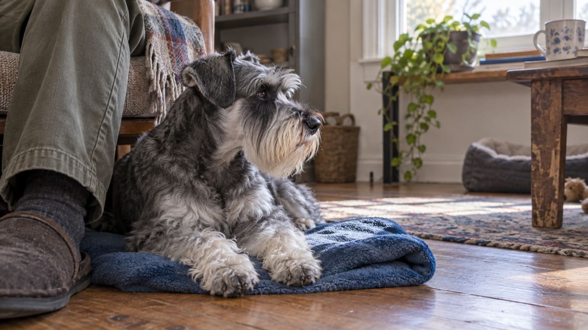 AI illustration: Schnauzer resting on a blue blanket beside a person's foot.