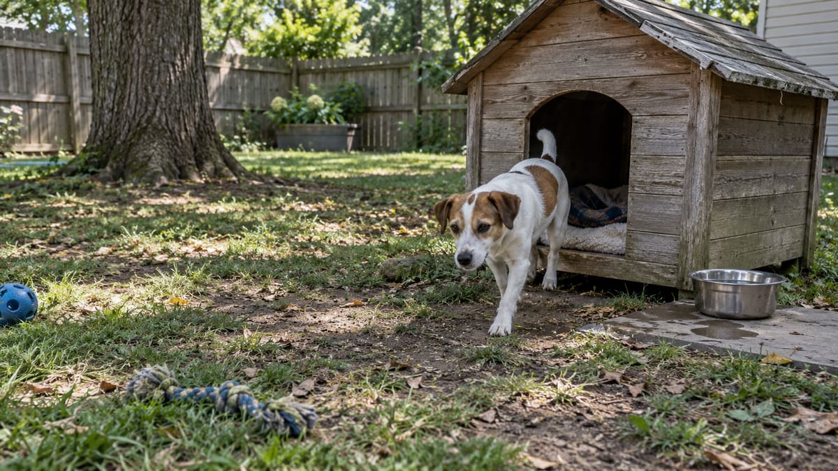 AI illustration: a dog leaving a wooden shelter with bedding and a water bowl in a fenced yard.