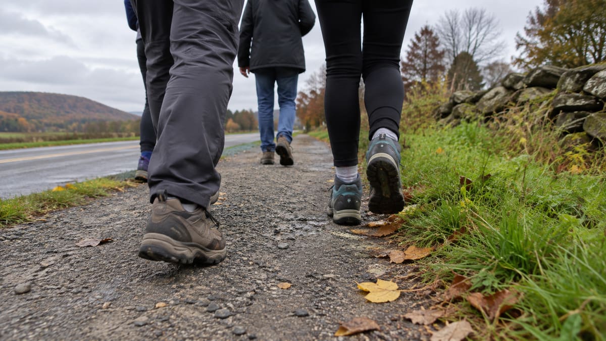 Walkers on a roadside footpath.