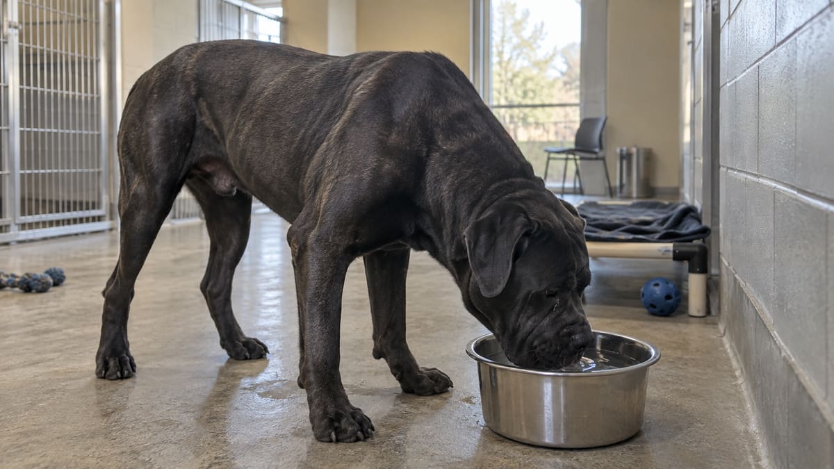 Dark Cane Corso drinking from a bowl in a shelter room.