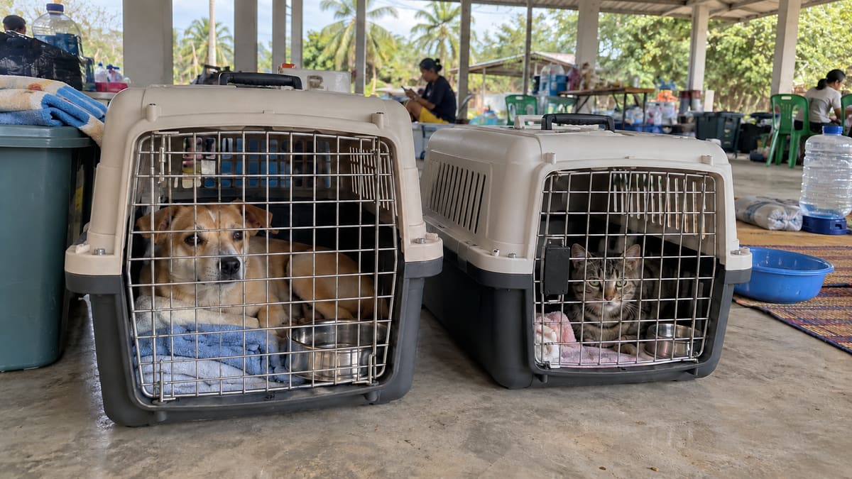 AI illustration: a dog and a cat resting in separate carriers under a covered shelter.