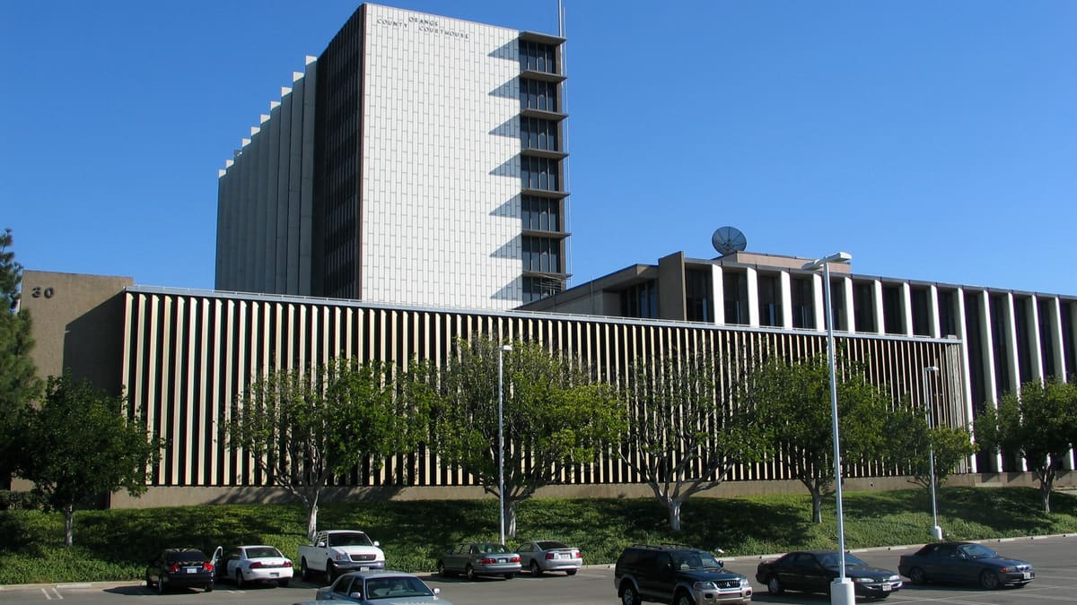 The Orange County Central Justice Center in Santa Ana, photographed from the west parking lot in 2004.