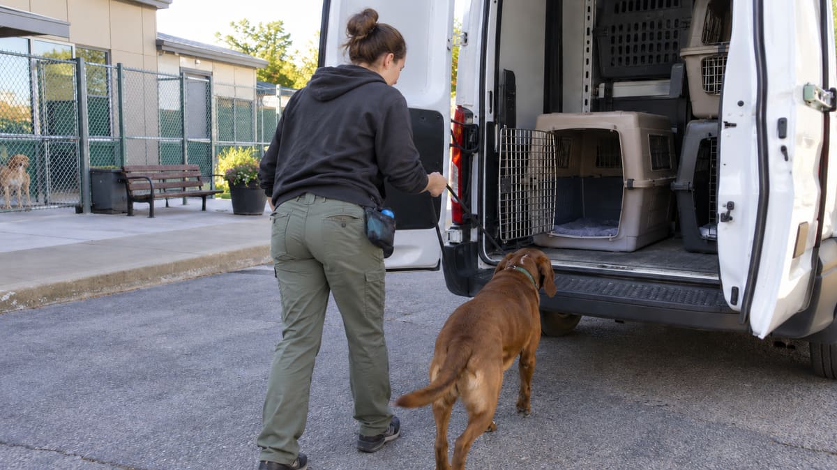 AI illustration: a worker guiding a dog toward a transport crate in a parked van.