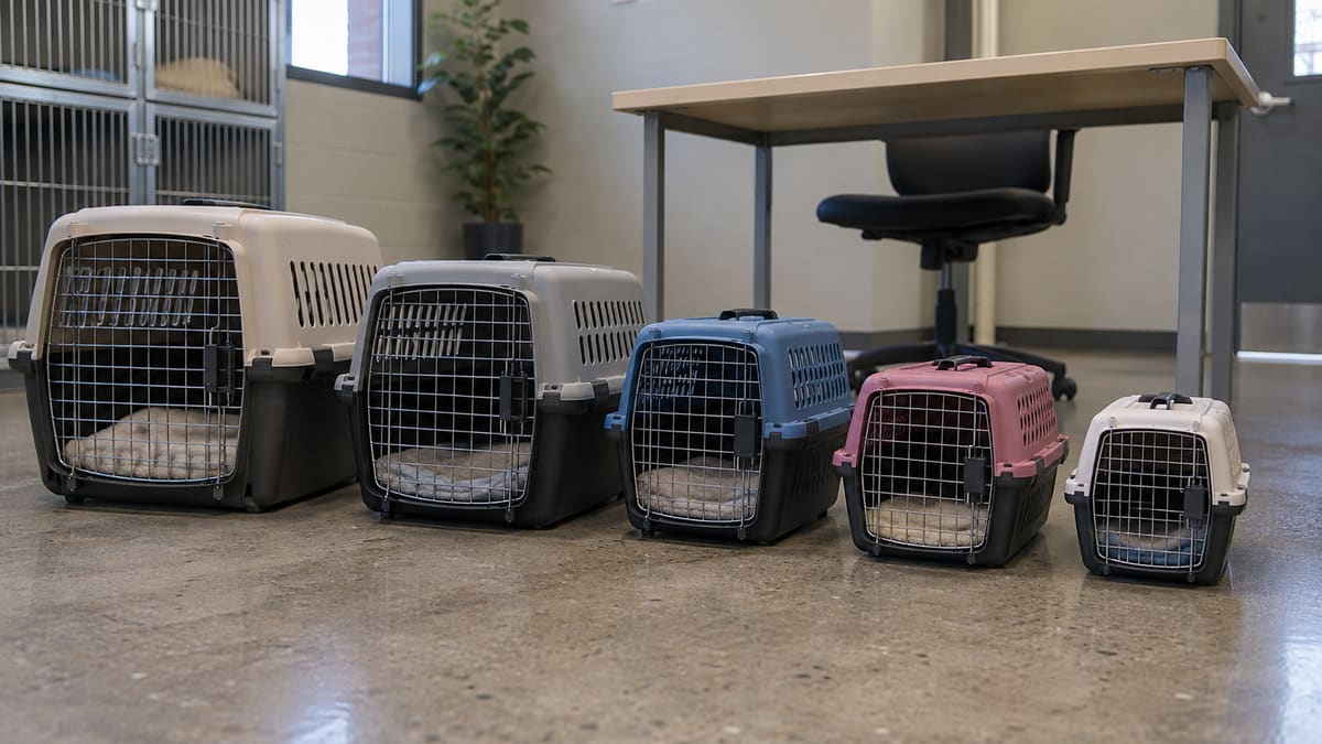 AI illustration: Five empty pet carriers beside a shelter intake desk.