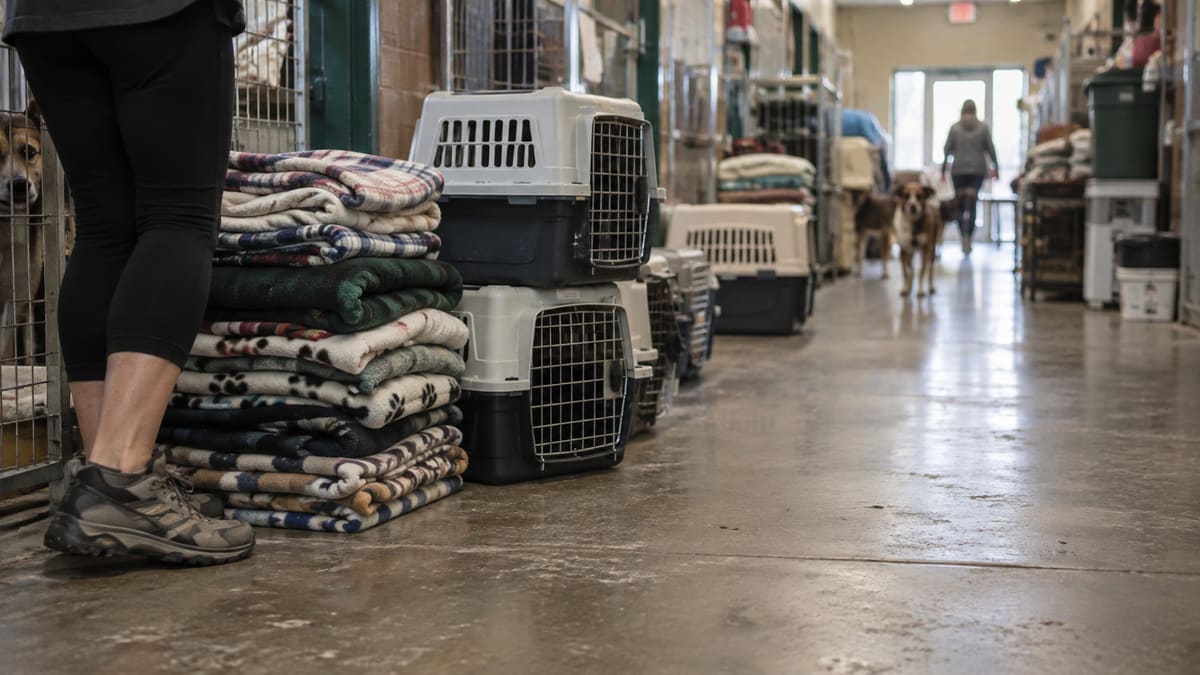 Blankets and pet carriers lining a shelter corridor.