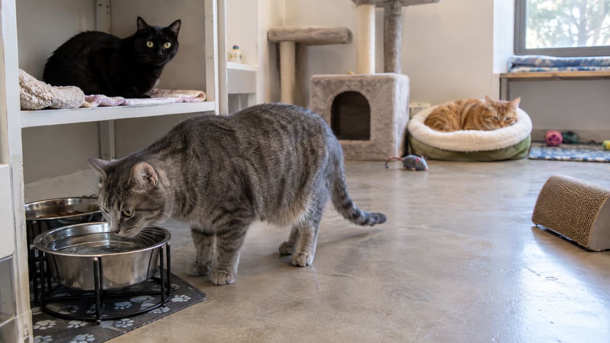 Three cats in a shelter room with water and bedding.