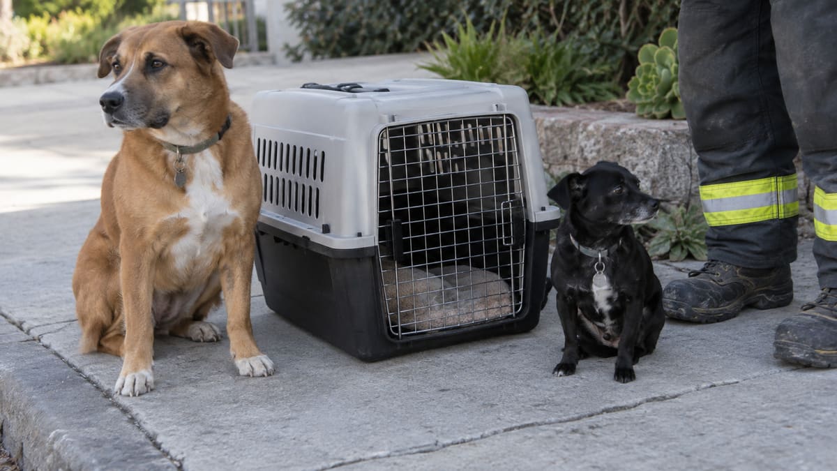 AI illustration: Two dogs beside a pet carrier and a firefighter's boots.