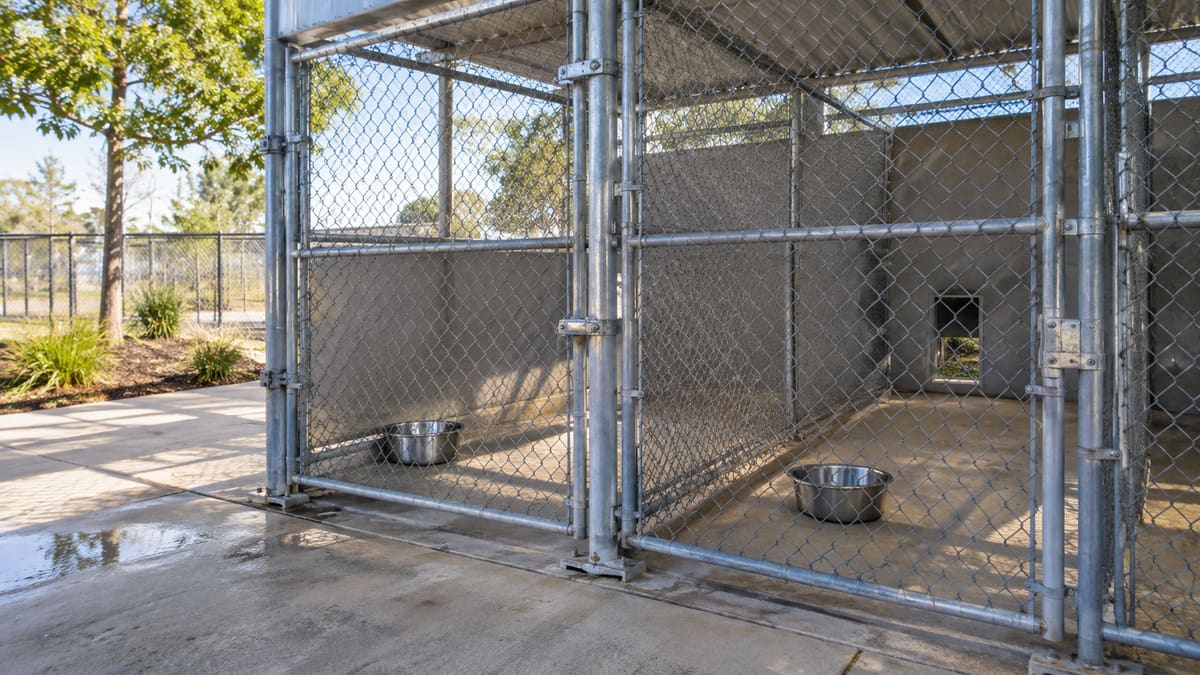 AI illustration: Two empty outdoor kennel runs with water bowls.