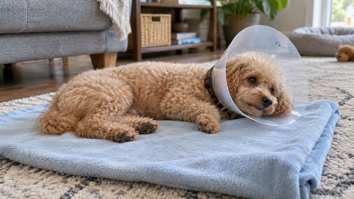 AI illustration: a small poodle rests on a blanket at home wearing a recovery cone.