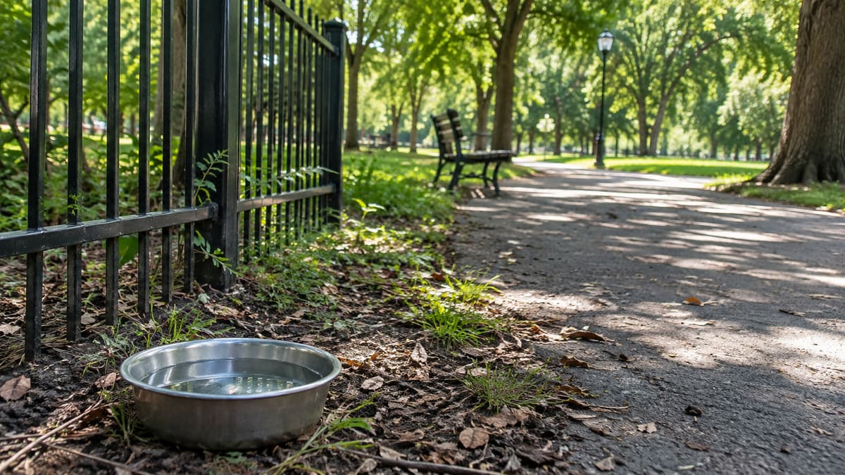 Water bowl beside a shaded park fence and path.