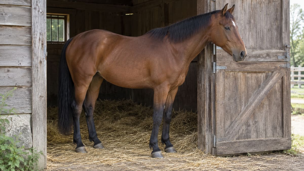 AI illustration: a bay horse standing in a stable doorway.