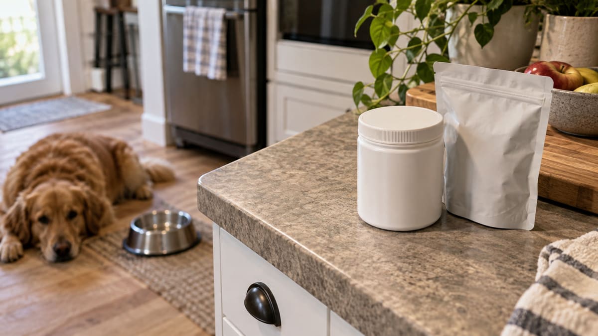 Plain closed containers on a kitchen counter above a dog and bowl.