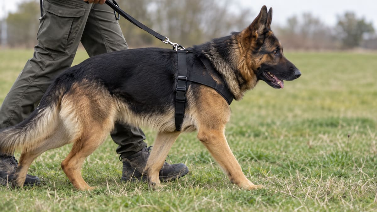 German shepherd in a harness walking beside a handler.