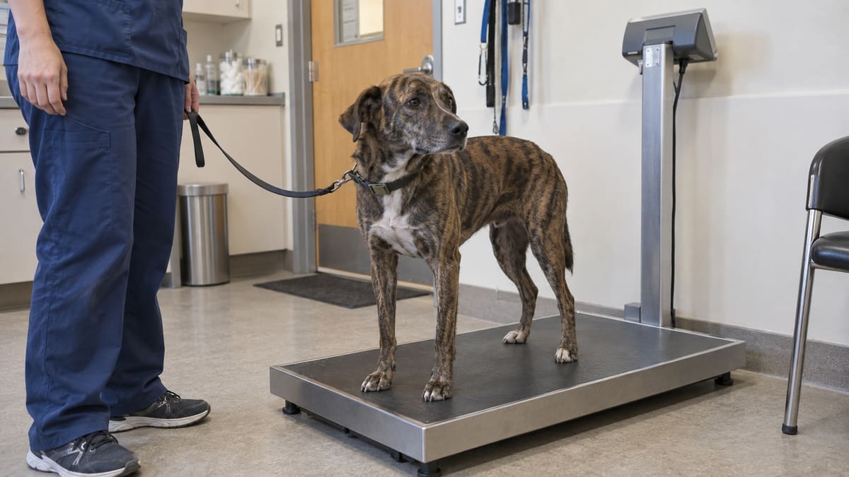 AI illustration: a brindle dog standing on a veterinary floor scale beside a nurse.