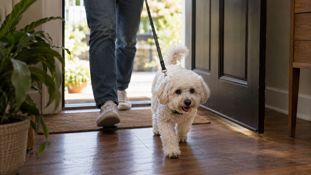 AI illustration: Small white dog entering a home on a lead.