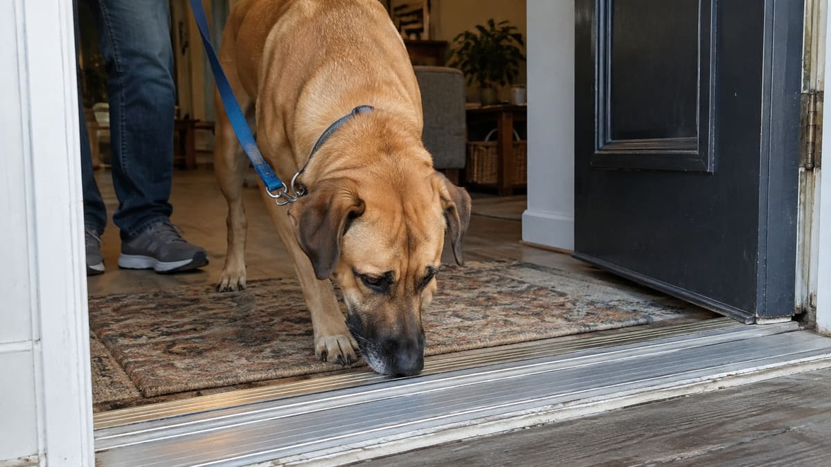Tan dog on a lead sniffing a home's threshold.