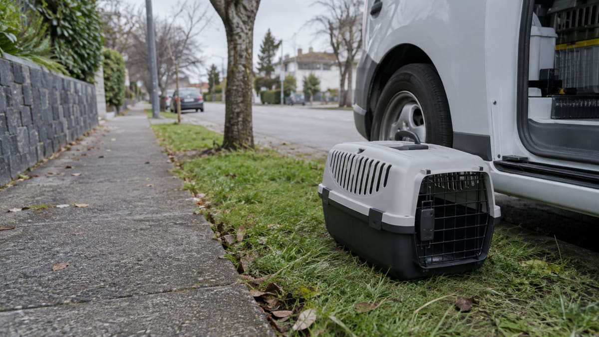 Pet carrier beside a van on a roadside verge.