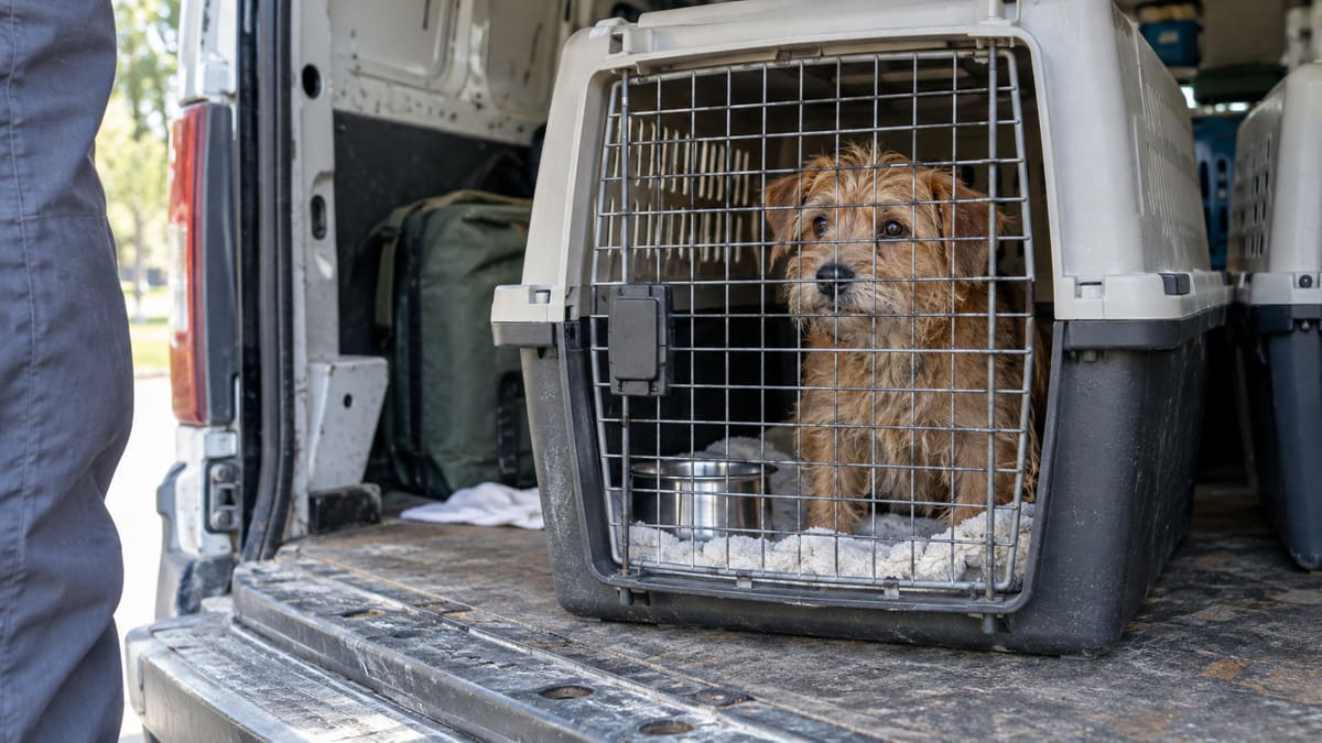 AI illustration: a small reddish dog in a travel carrier inside a van.