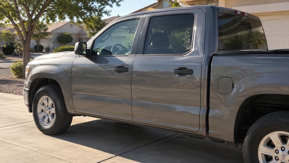 Empty pickup truck parked in a driveway.