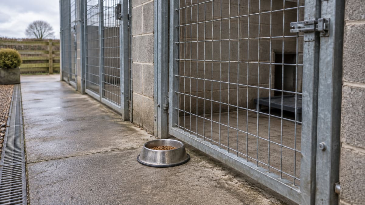 AI illustration: A food bowl beside a closed gate at an empty dog kennel.
