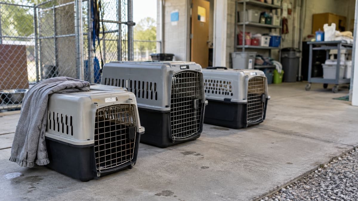Pet carriers and a blanket at a shelter intake area.