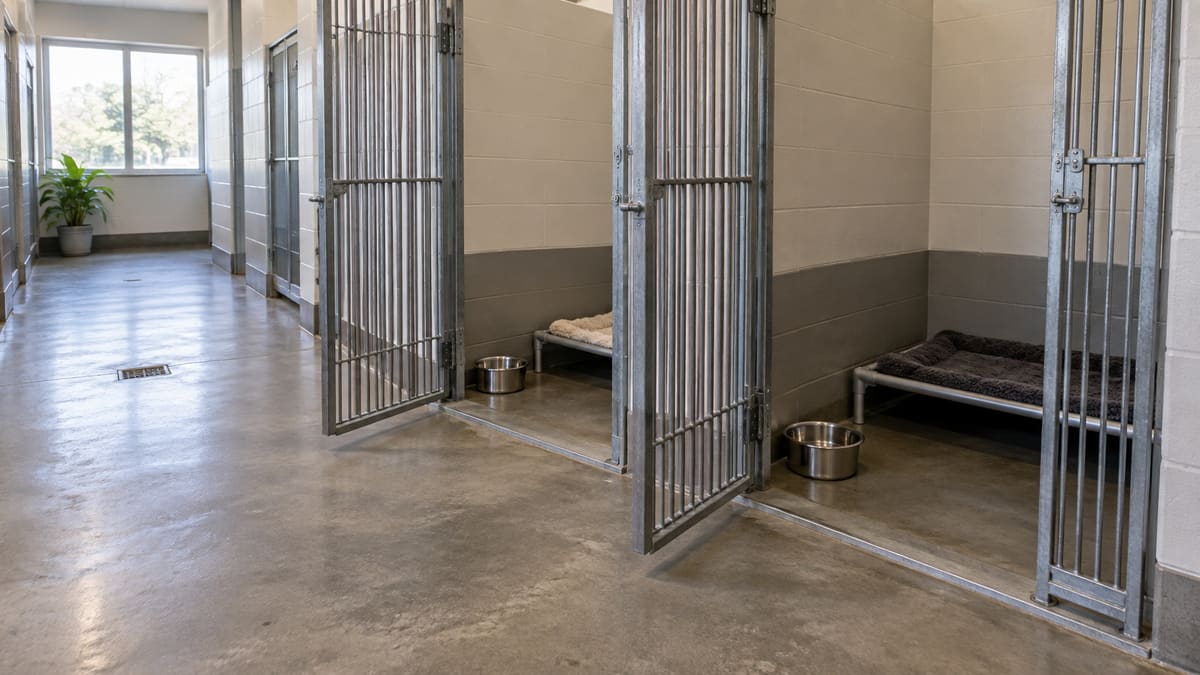AI illustration: Shelter kennels with water bowls and bedding.