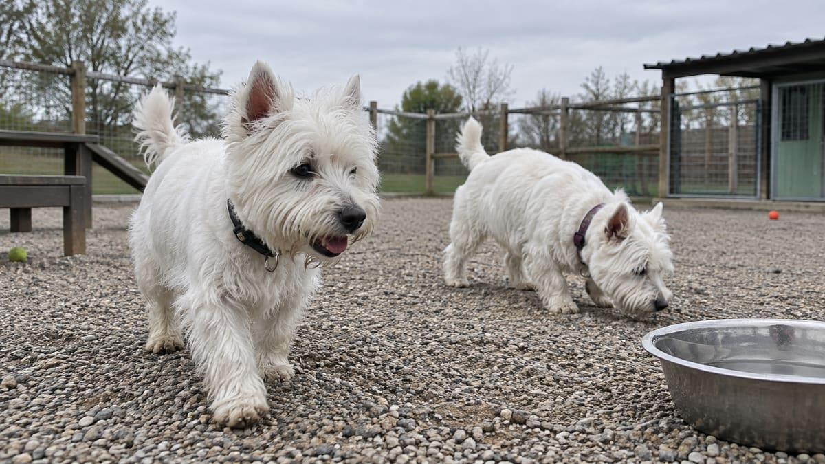 Two West Highland white terriers exploring a shelter yard.