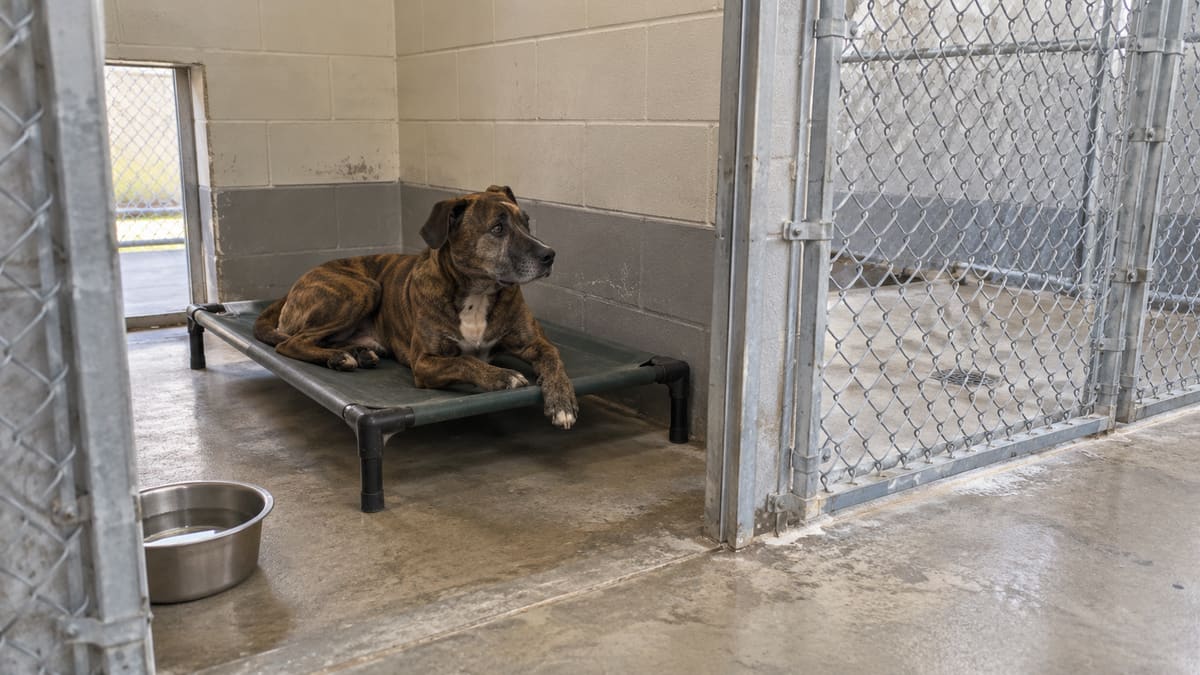 AI illustration: a brindle dog rests on a raised cot in a shelter kennel.