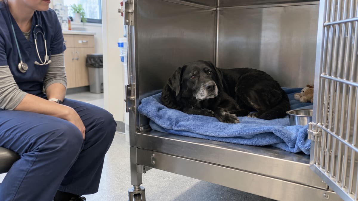 AI illustration: a black dog resting on a blanket in a veterinary kennel beside a nurse.