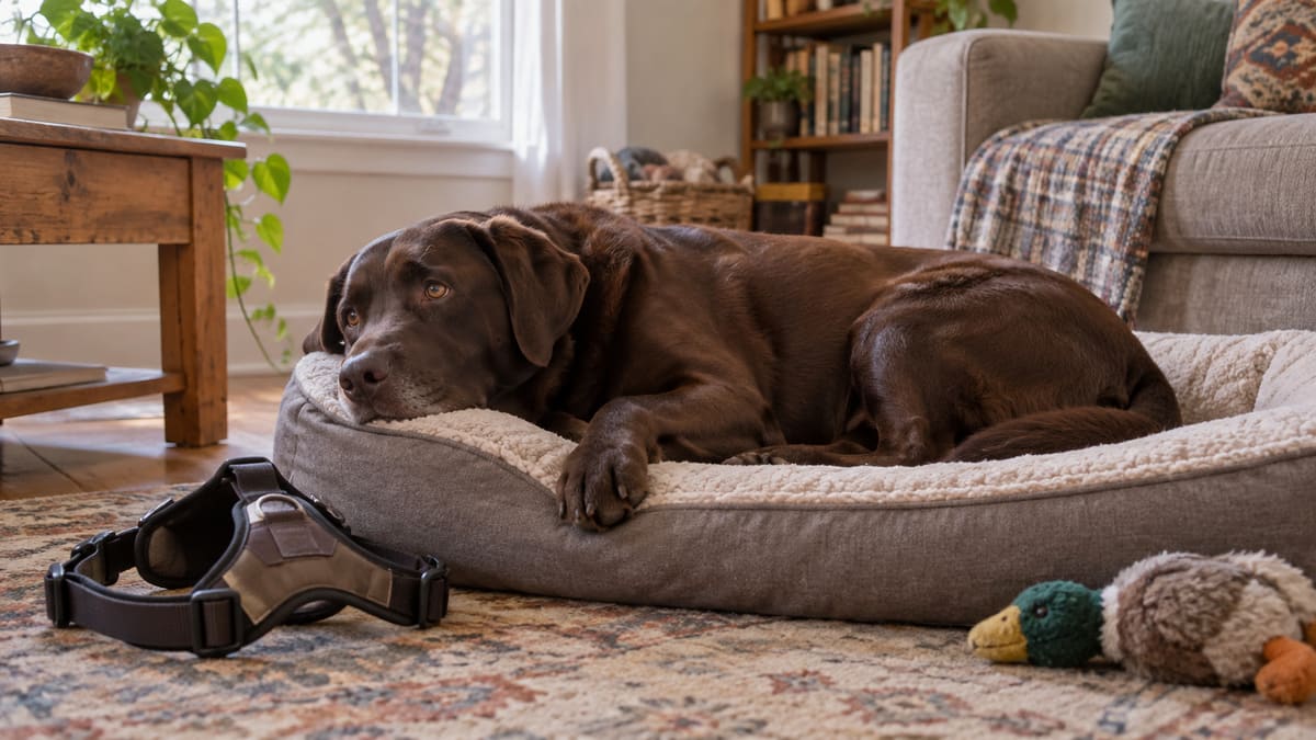 Chocolate Labrador resting on a bed beside a harness.