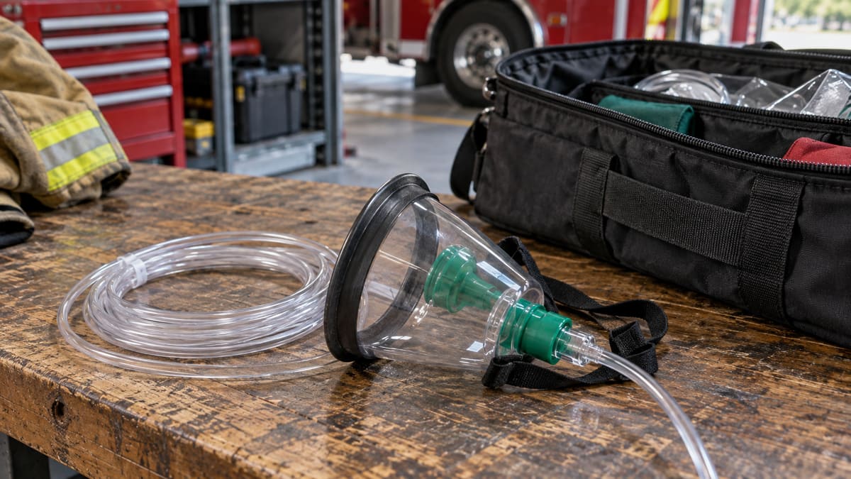 AI illustration: Transparent pet oxygen mask and tubing beside an emergency equipment bag.