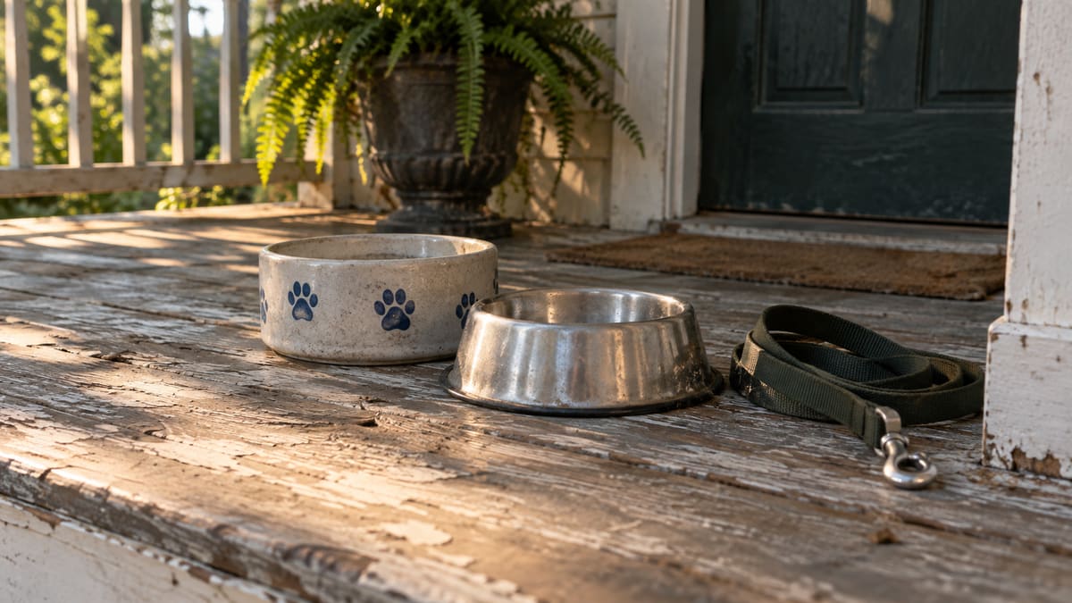 AI illustration: Two empty dog bowls and a lead on a porch.