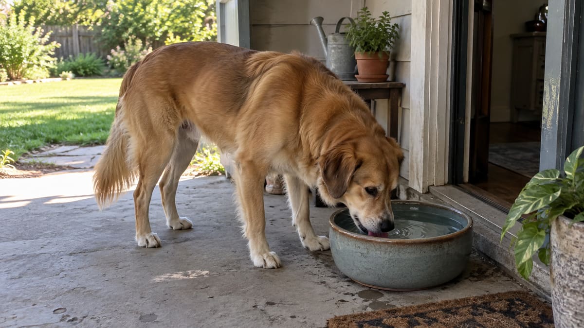 AI illustration: Golden brown dog drinking water in shade beside an open doorway.