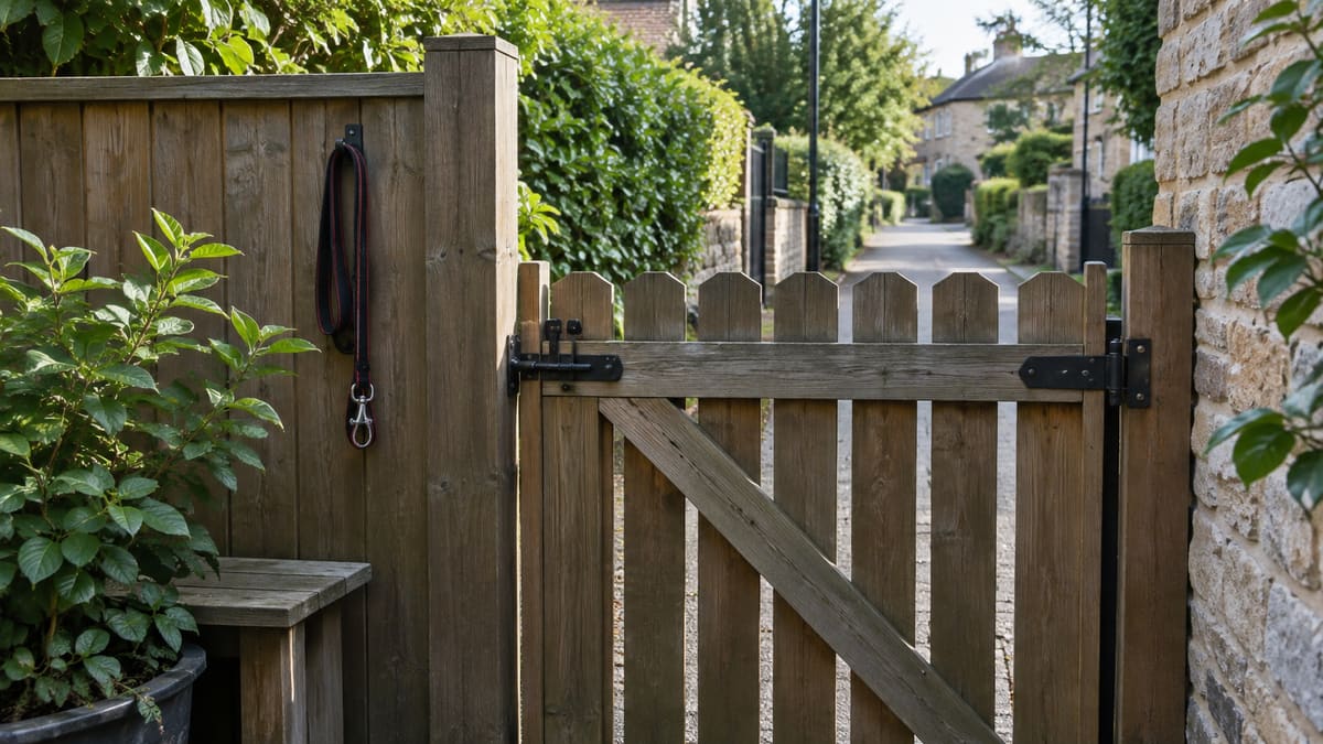 Closed garden gate with a lead hanging on the fence.