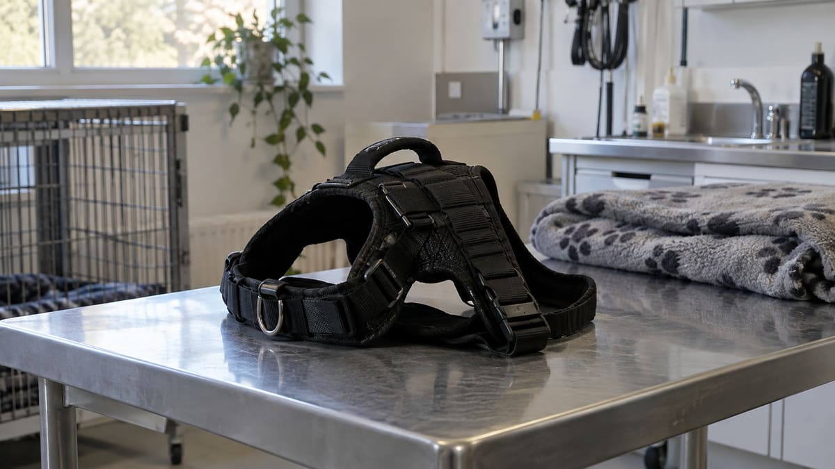 Working dog harness and folded blanket on a veterinary table.