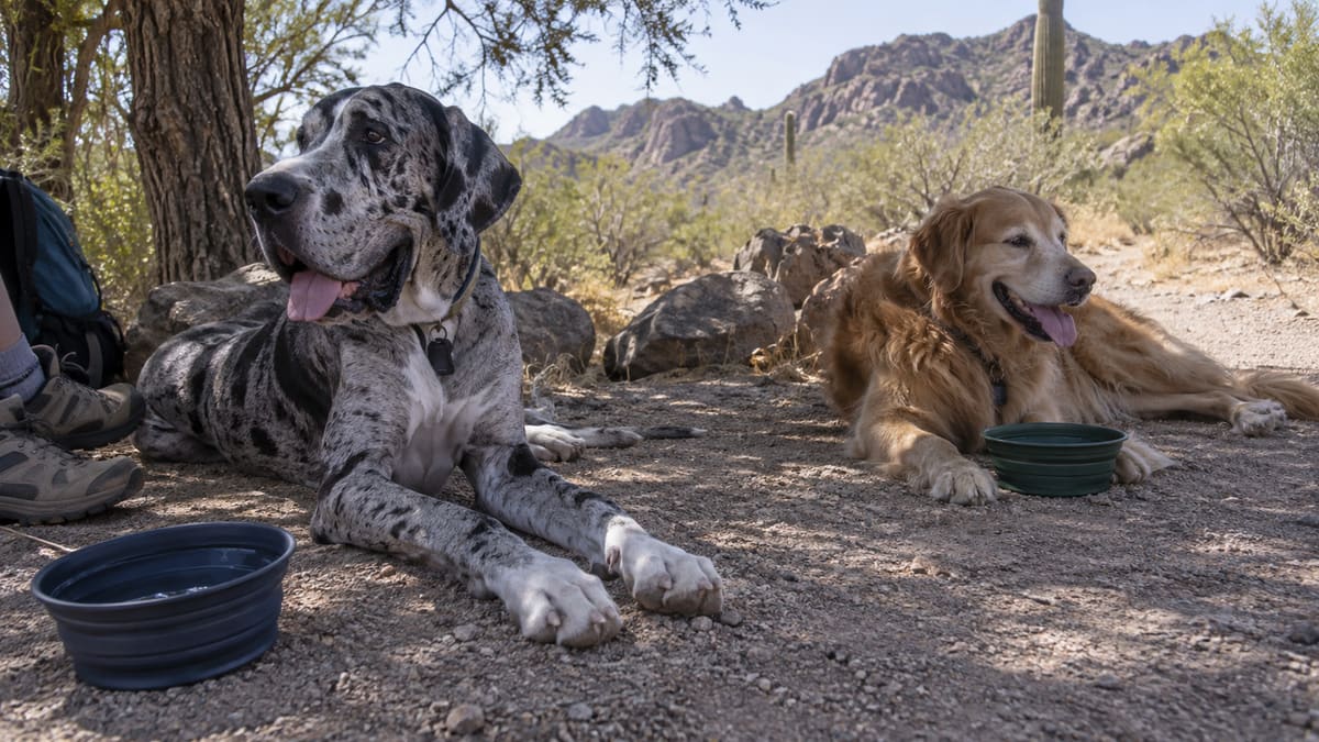 Great Dane and golden retriever resting in shade beside water bowls.