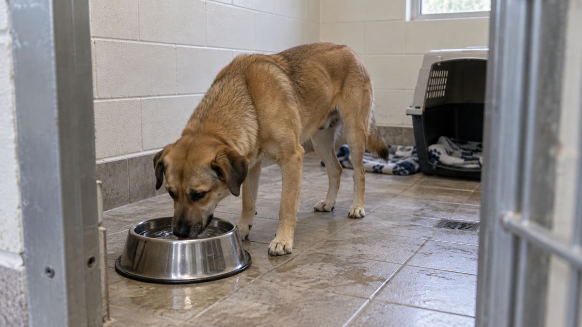 AI illustration: a dog drinking from a water bowl in a shelter space.