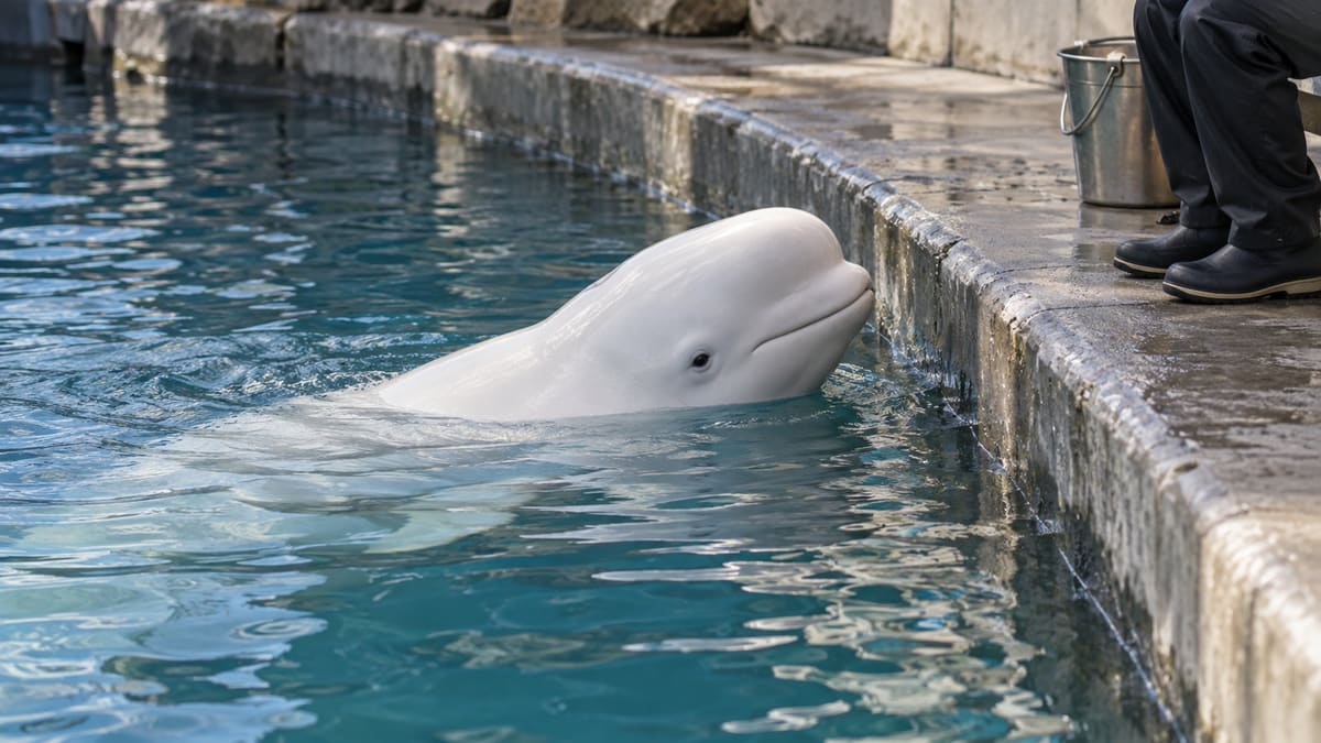 AI illustration: A beluga surfaces beside a pool walkway, a caretaker’s boots and a bucket.
