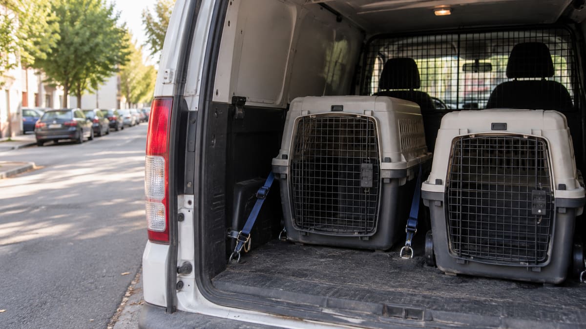 Two pet carriers secured in the back of an open van.