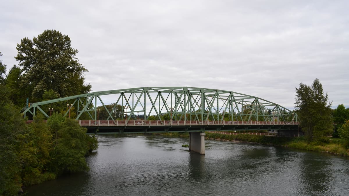 Ferry Street Bridge spans the Willamette River in Eugene, Oregon.