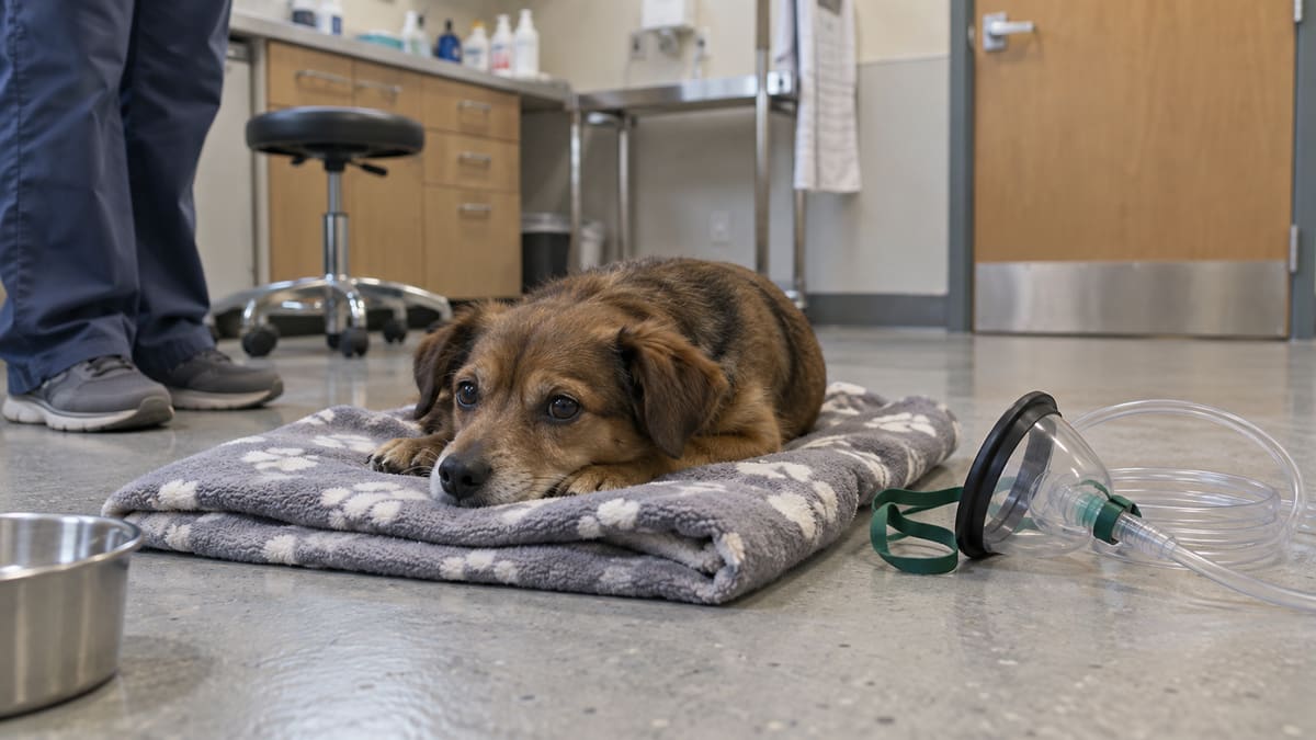 AI illustration: a dog resting on a blanket in a veterinary room beside a pet oxygen mask.