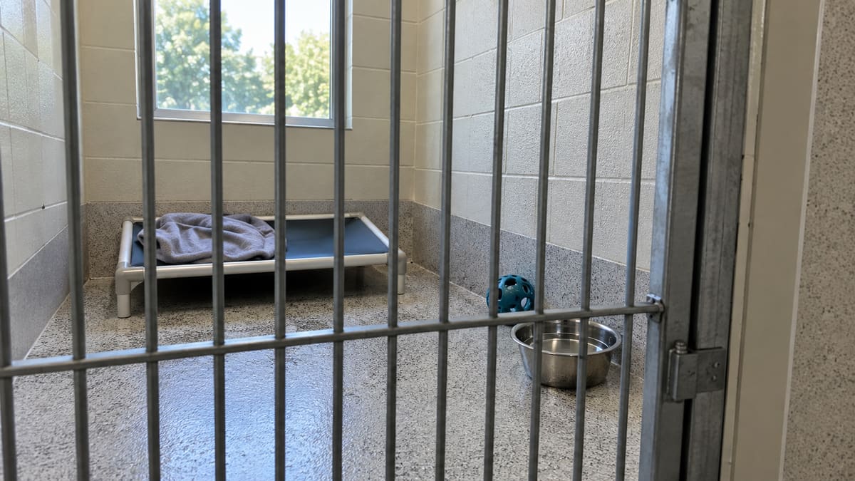 Empty observation kennel with a mat and water bowl.