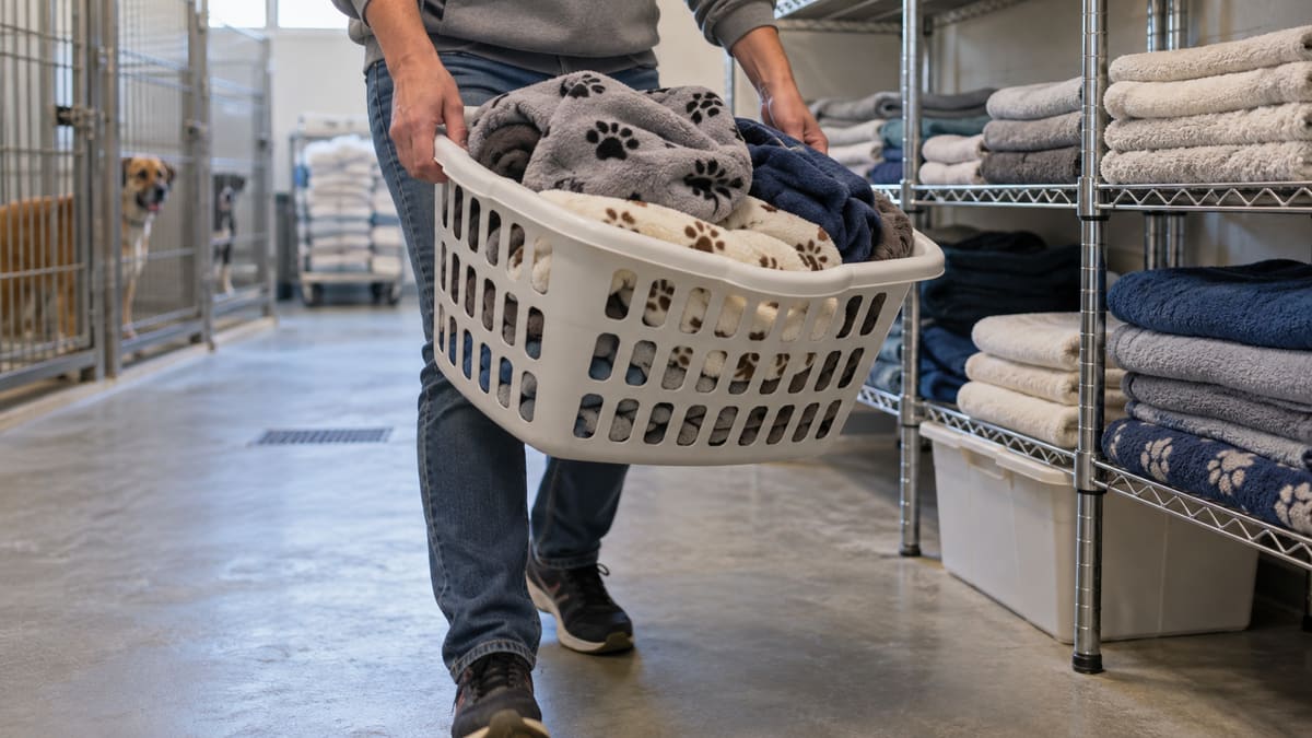 Volunteer carrying a basket of blankets past shelter shelves.
