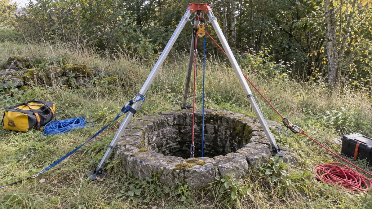 AI illustration: Rescue tripod and ropes above an old well opening.