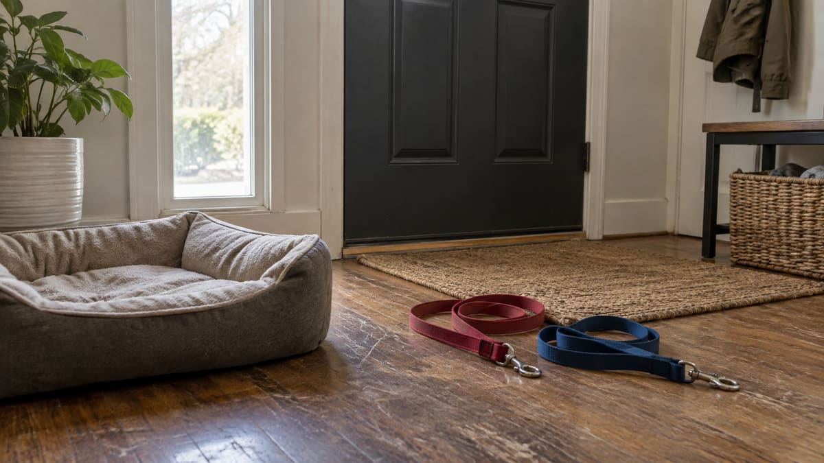 AI illustration: Empty dog bed and two leads beside a front door.
