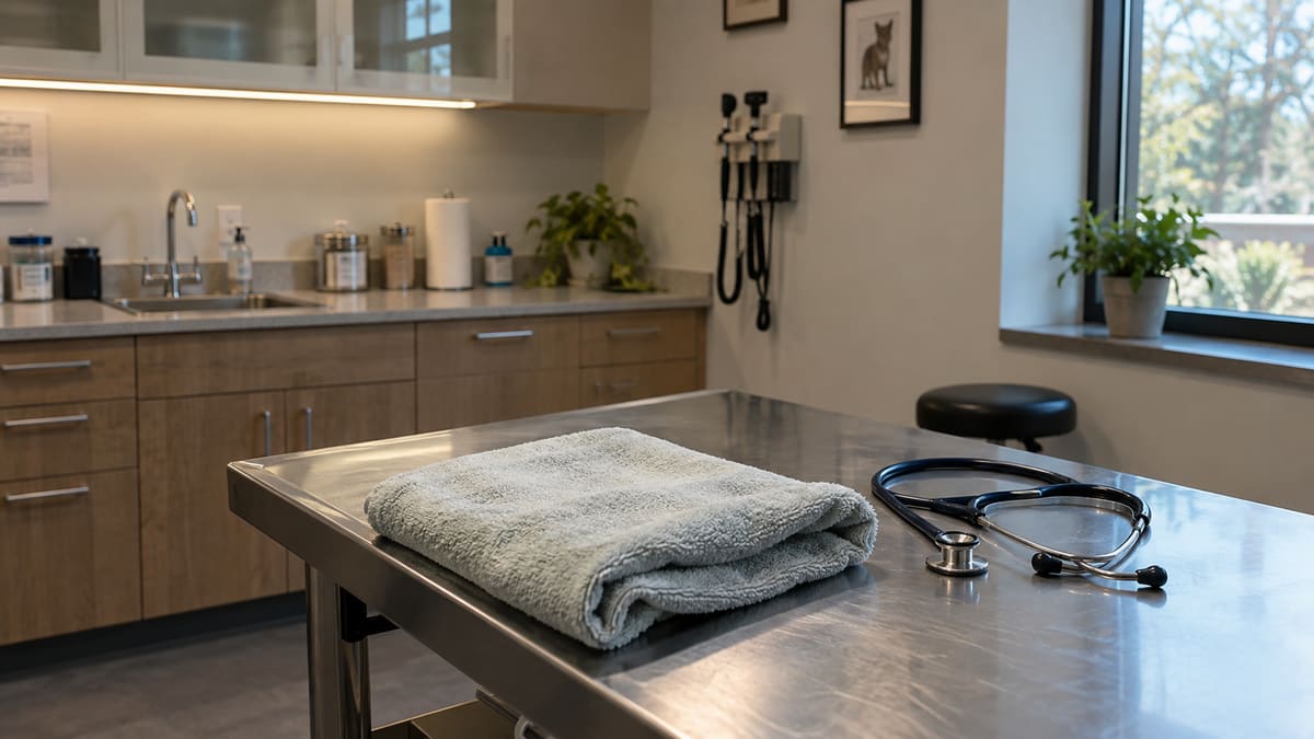 Towel and stethoscope on an empty veterinary examination table.