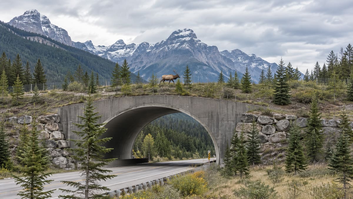 AI illustration: Elk crossing a vegetated bridge above a road.