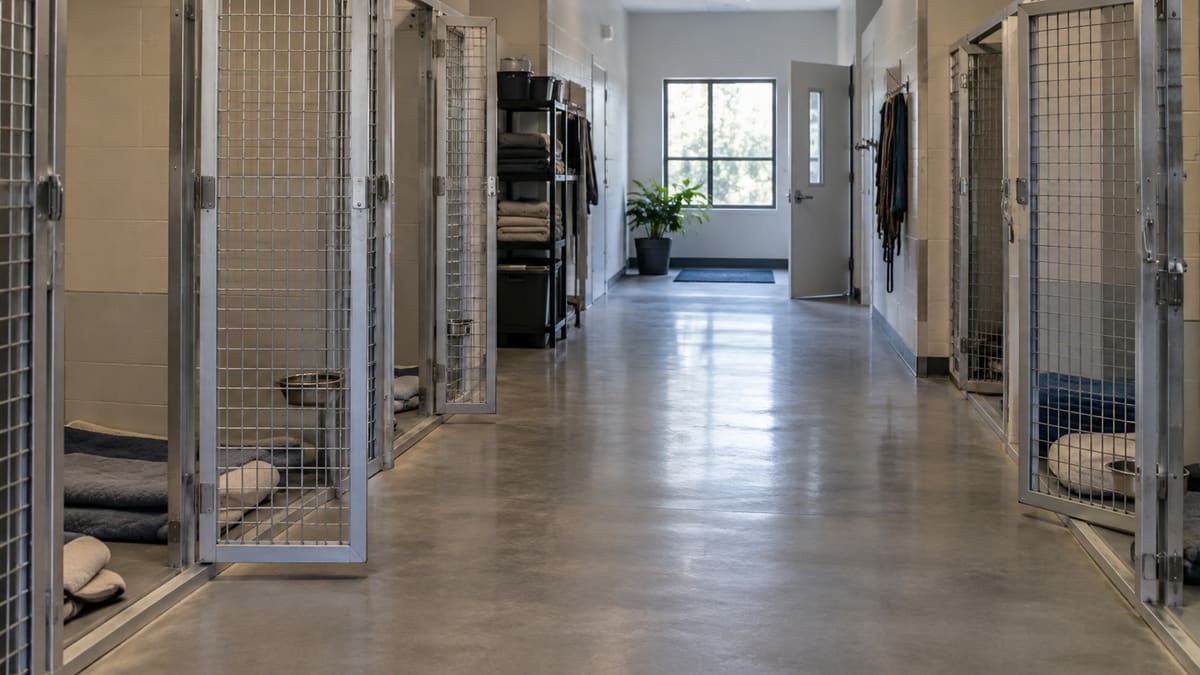 Empty boarding kennel corridor with bedding.
