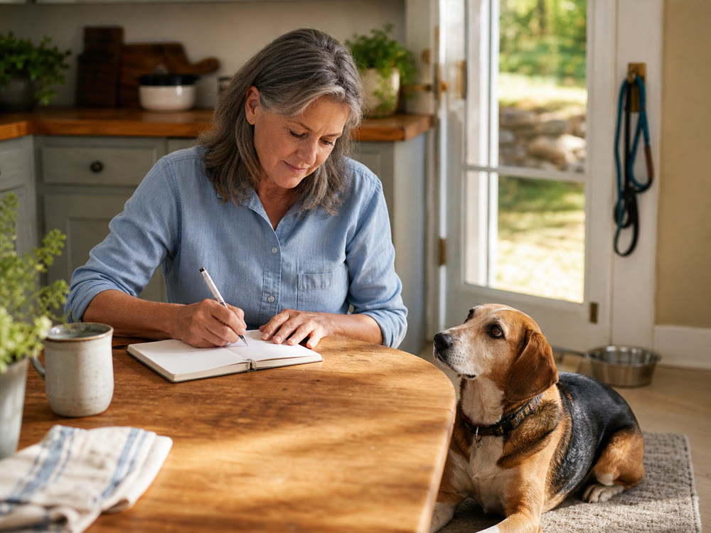 A woman writing in a journal at home with her dog resting beside her