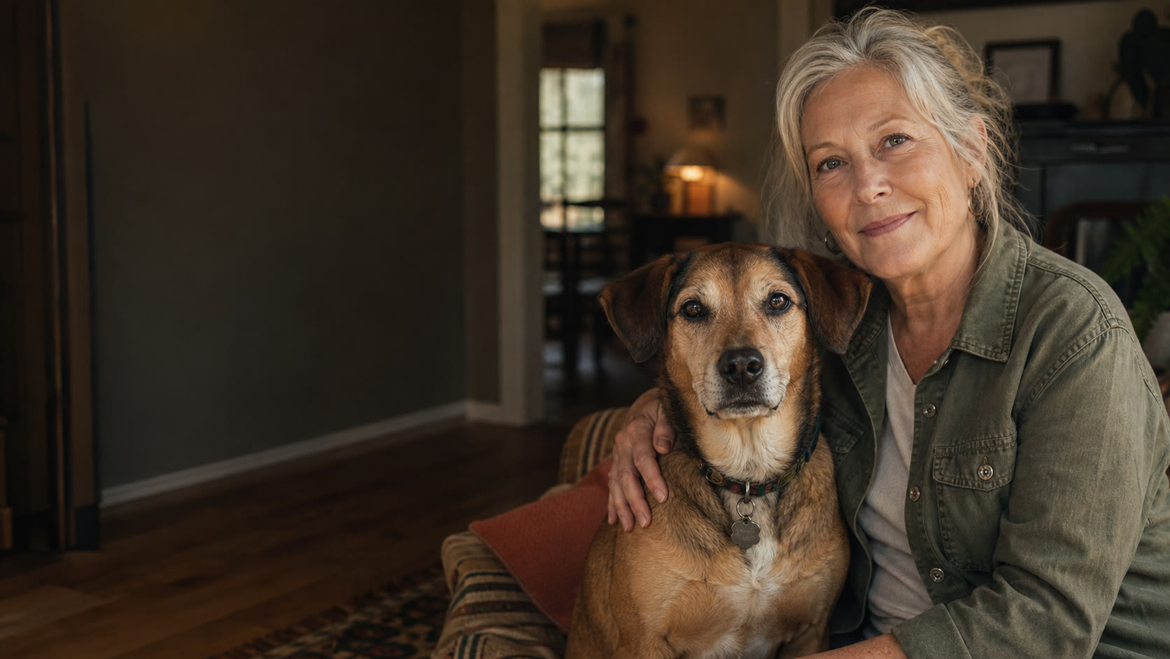 A dog resting at home with the person who cares for them